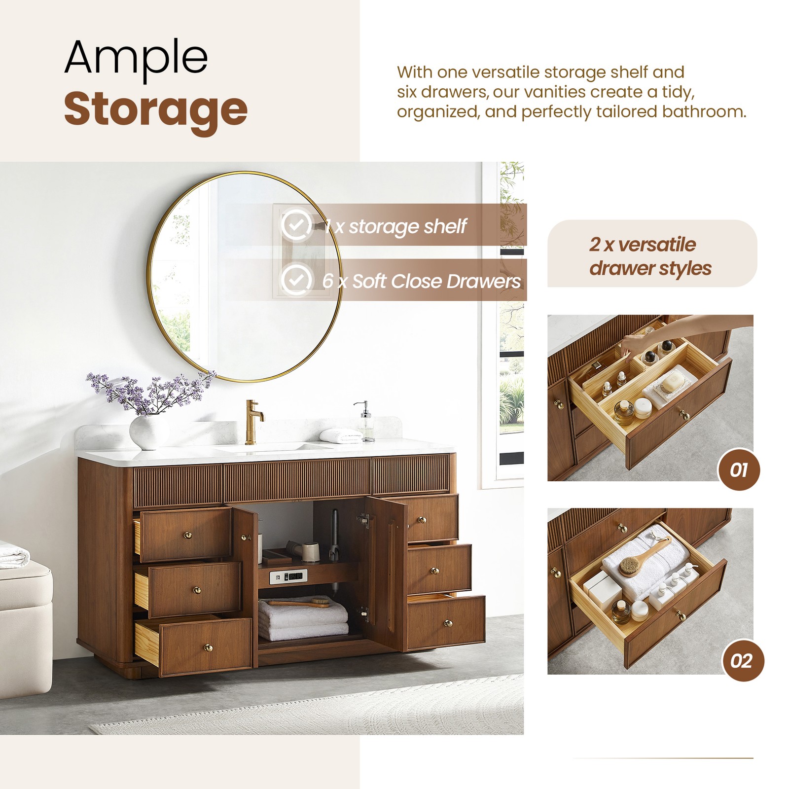 Zogno 60″ Single Sink Bath Vanity in Natural Walnut with White Grain Stone Top