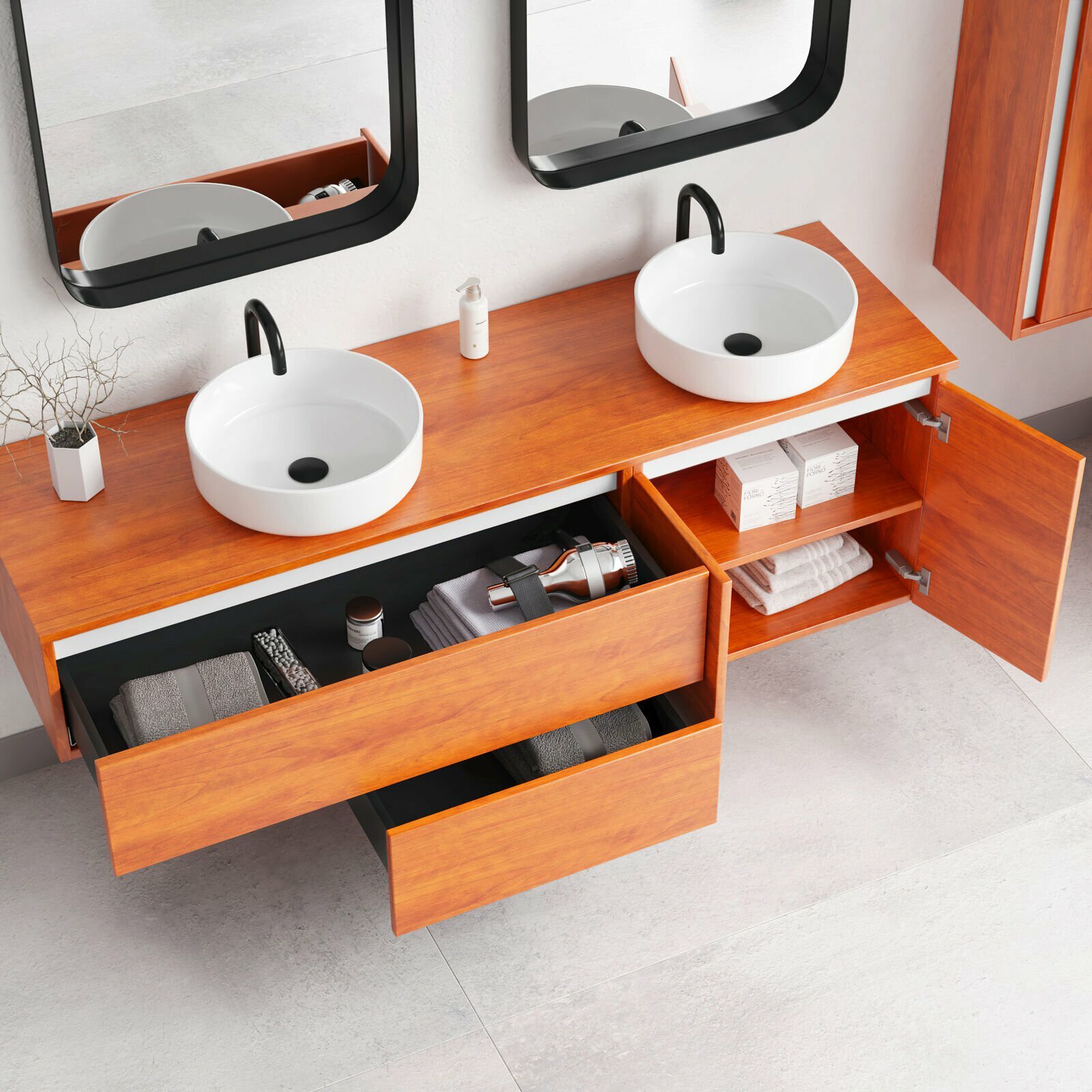 Boston 64″ Vanity + 2 Vessel sinks | Autumn Oak Wood White Crossbars | 64 X 35