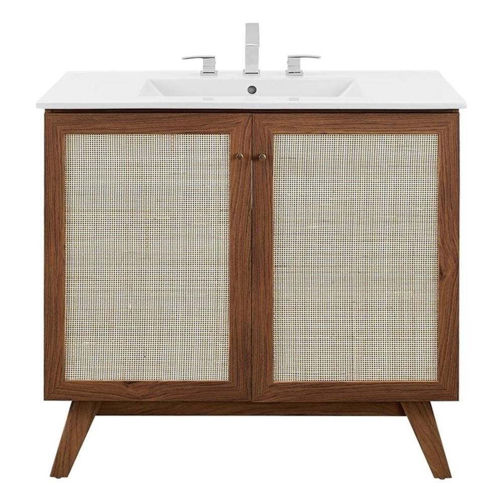 Pemberly Row 36″ Modern Wood Bathroom Vanity with Rattan Door in Walnut/White
