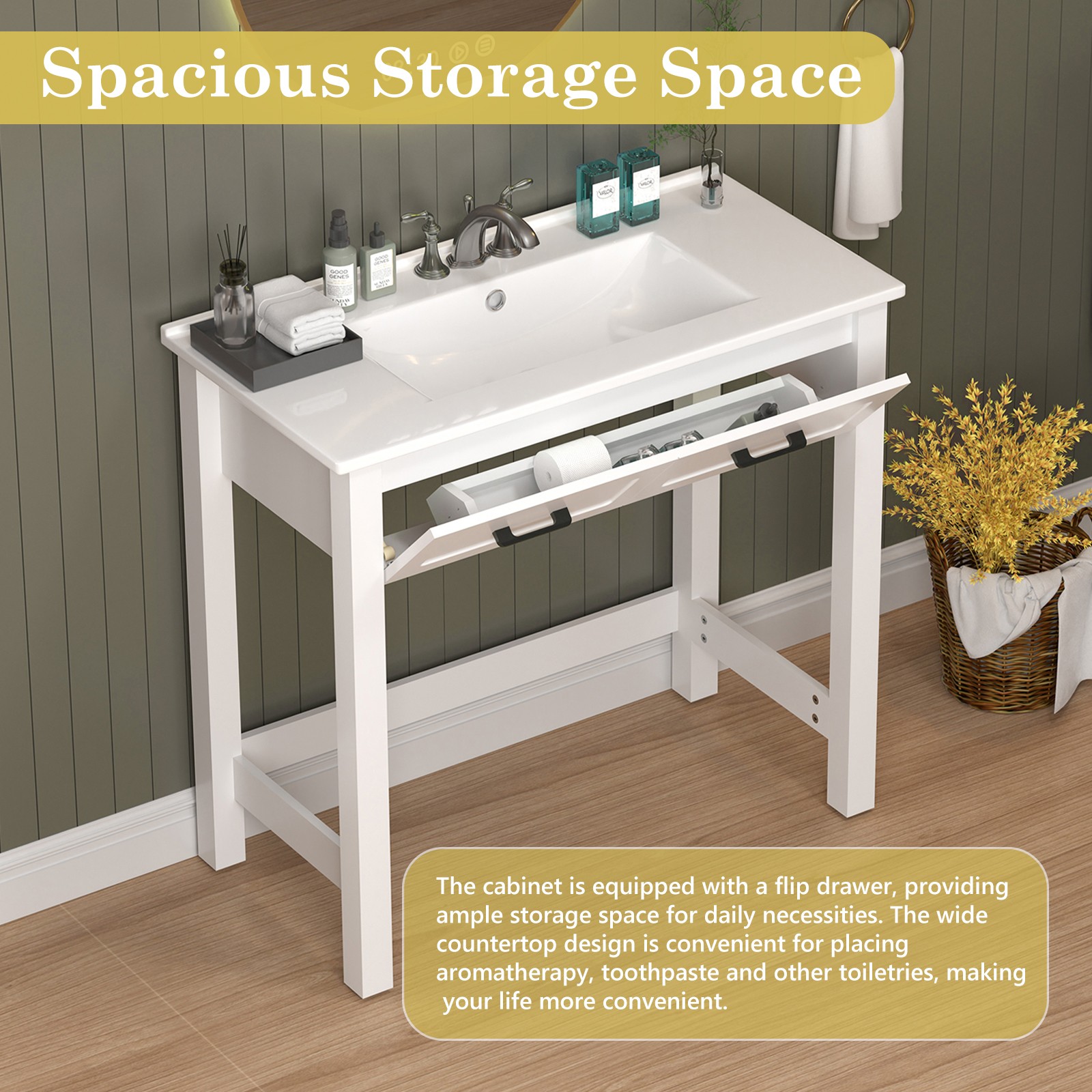 36″ Bathroom Vanity w/ a Tip-out Drawer & Ceramic Sink ADA Compliant for Elderly