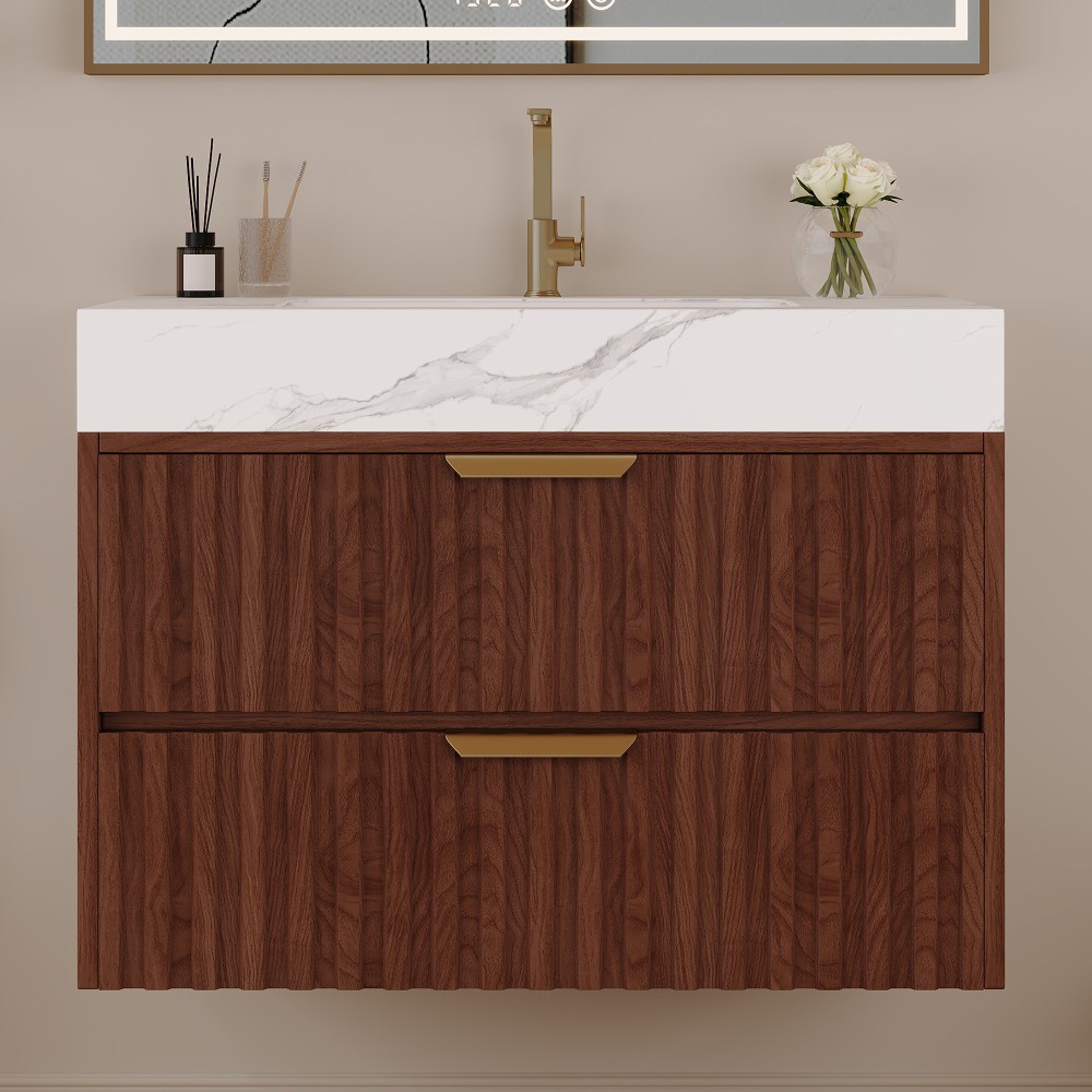 30″ Walnut Wall Mount Floating Bathroom Vanity Sintered Stone Top Ceramic Sink