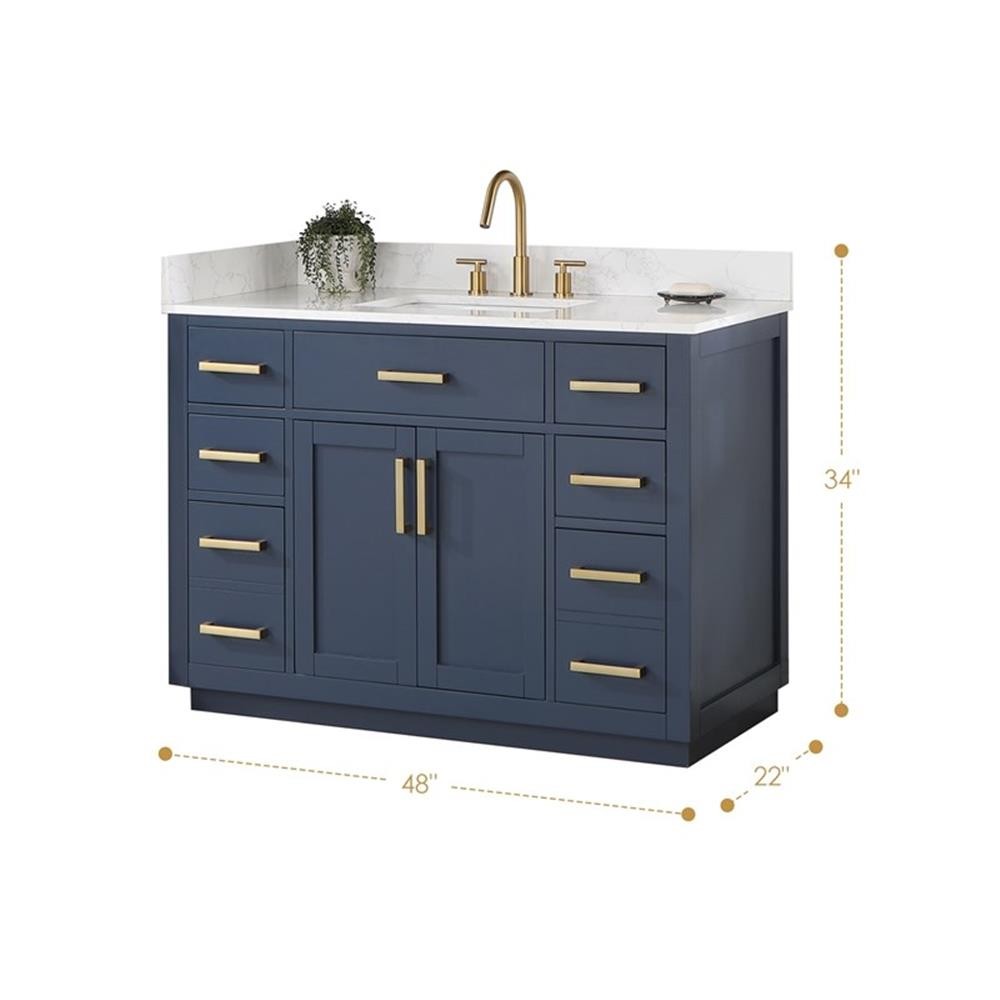 Pemberly Row 48″ Wood Vanity in Royal Blue with Composite Stone Top no Mirror