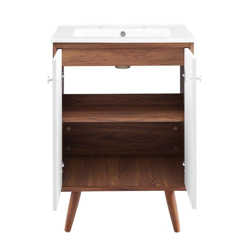 White Mid Century Modern Walnut Bathroom Vanity Ceramic Sink Single Double