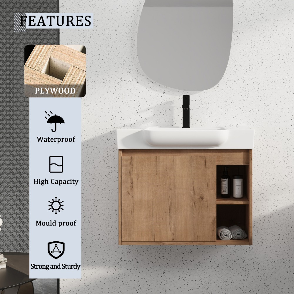 28” Wall-Mounted Bathroom Vanity with White Ceramic Sink & Soft-Close Door