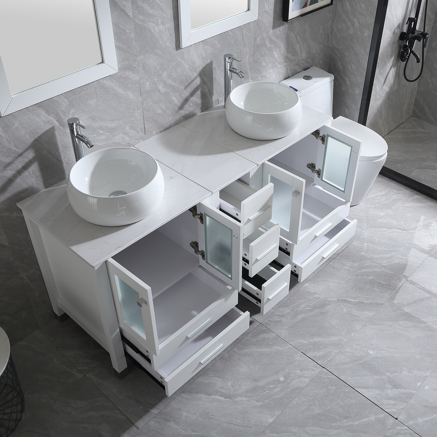 60” White Double Vanity Cabinets Bathroom Ceramic Bowls Faucet w/Mirrors Combo