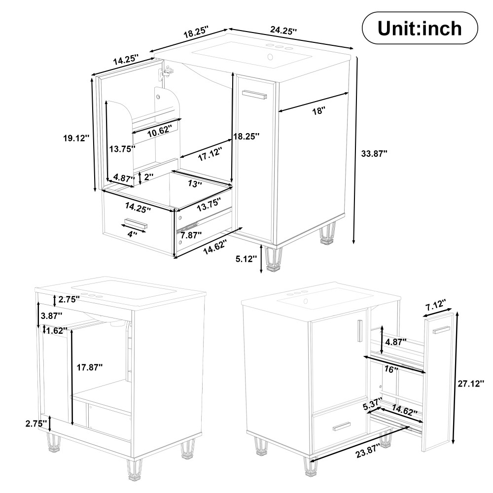 24″ Grey Blue Bathroom Vanity with Ceramic Sink Solid Wood Frame MDF Board