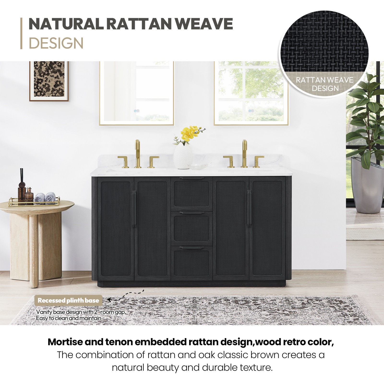 Busan 60M” Double Bath Vanity in Oak Classic Black with White Quartz Stone Top