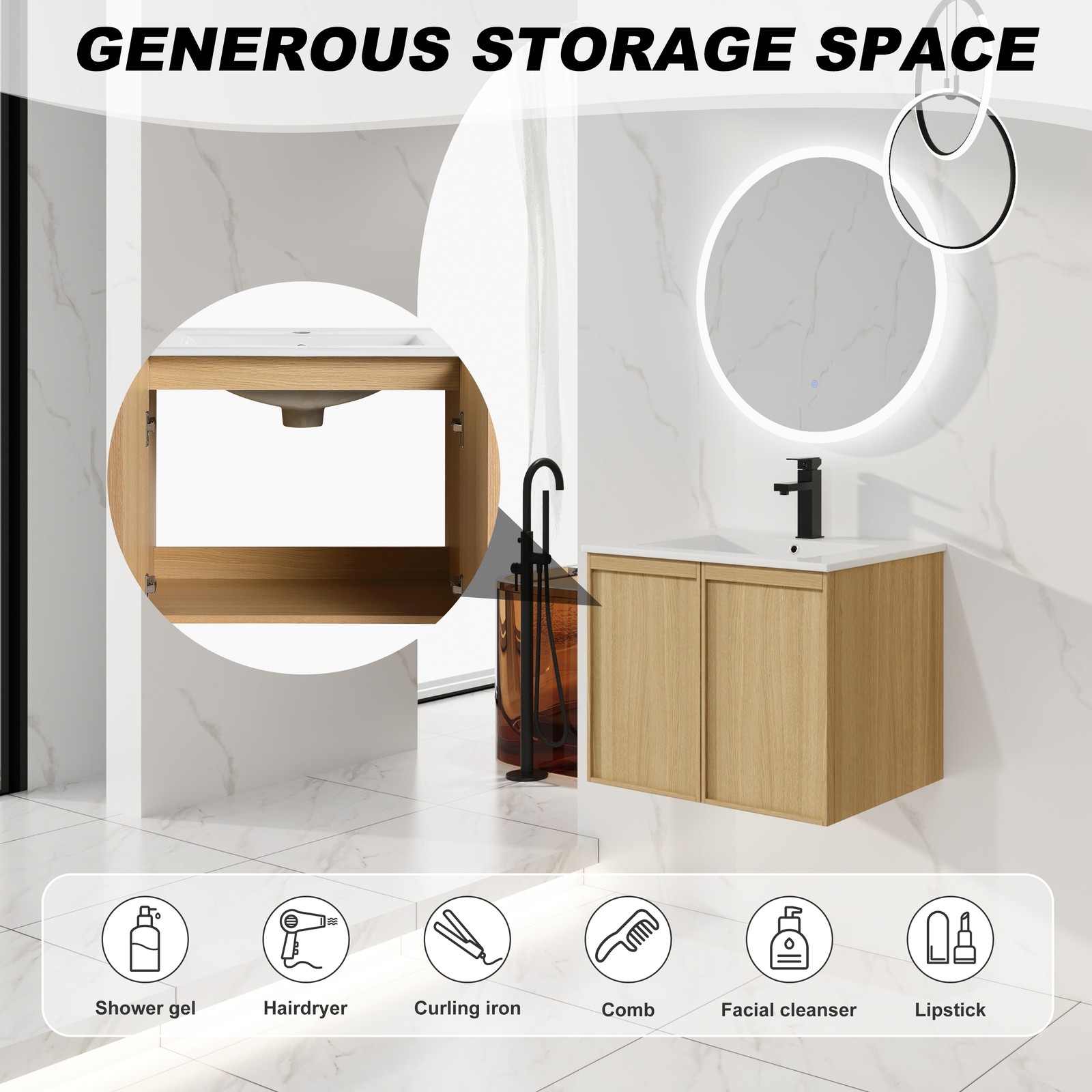 24″ Floating Bathroom Vanity with Sink, Light Oak Wall-Mounted Cabinet
