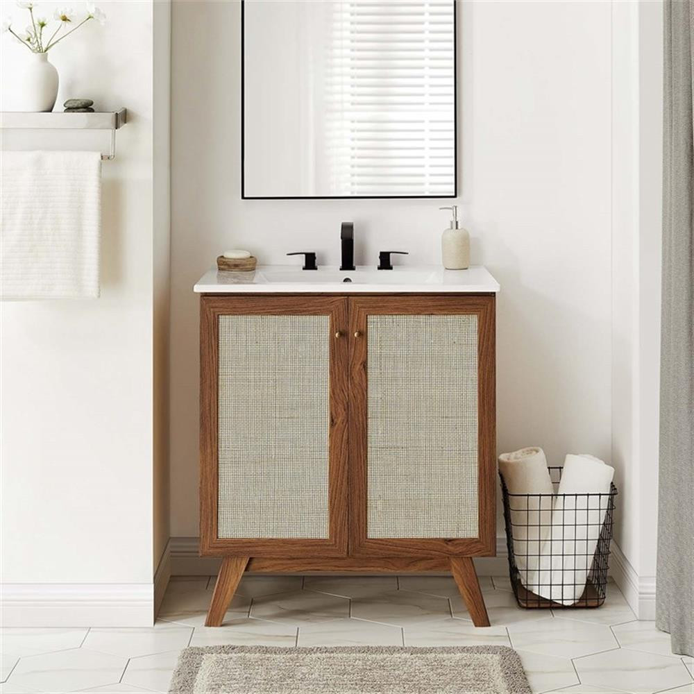 Modway Soma 30″ Modern Wood Bathroom Vanity with Rattan Door in Walnut/White