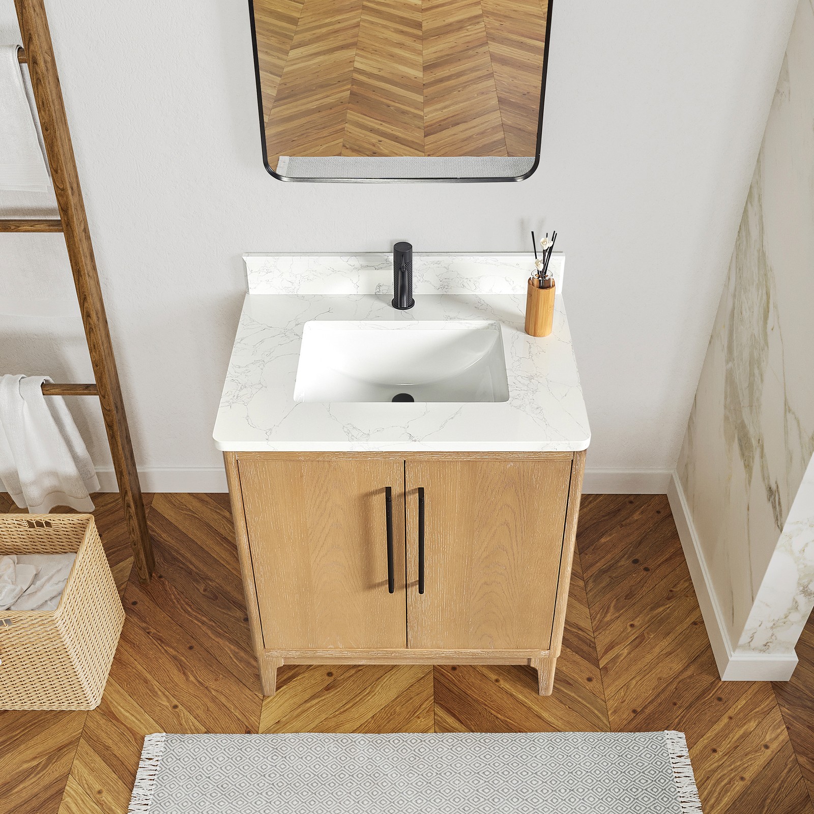 Gara 30″ Single Bath Vanity in Washed Ash Grey with White Grain Composite Stone