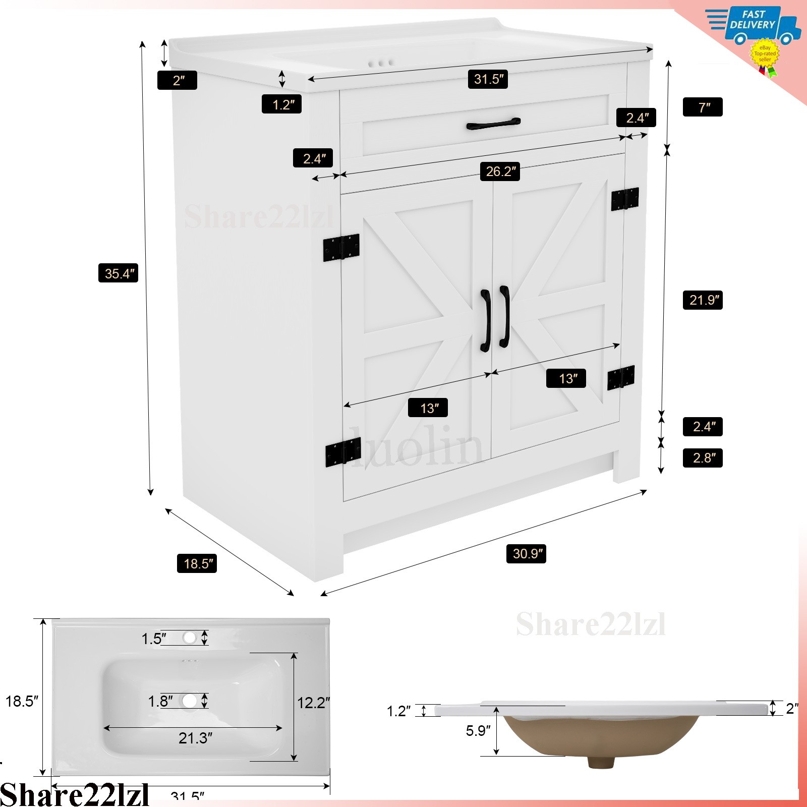 31″ Ceramic Sink Storage Bathroom Vanity with 2 Doors Bathroom Cabinet Space