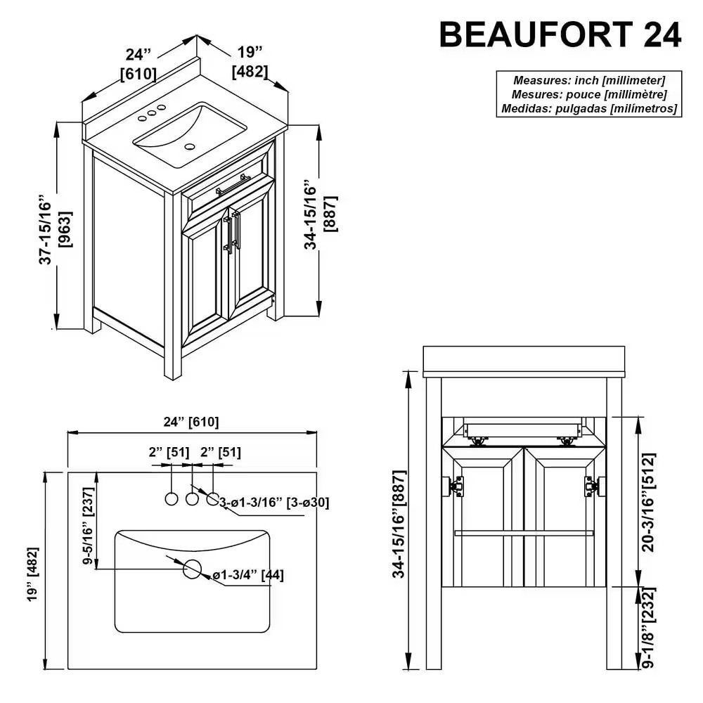 Beaufort 24 In. Single Sink Freestanding Black Bath Vanity with White Engineered