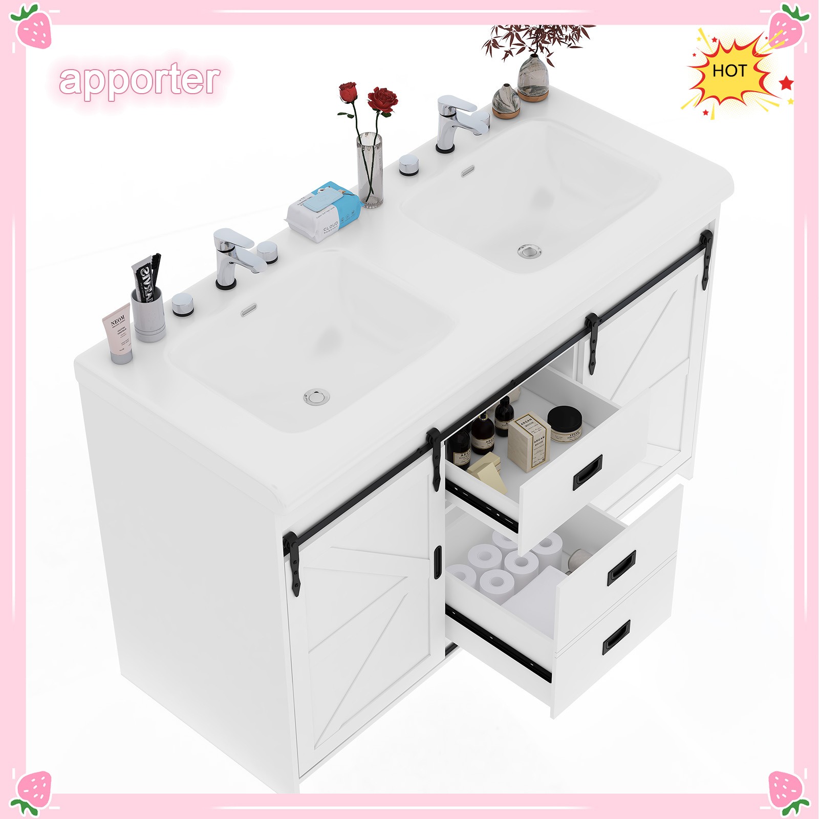 Yamissi Double Bathroom Vanity Cabinet Ceramic Sink with Sliding Doors 2 Drawers