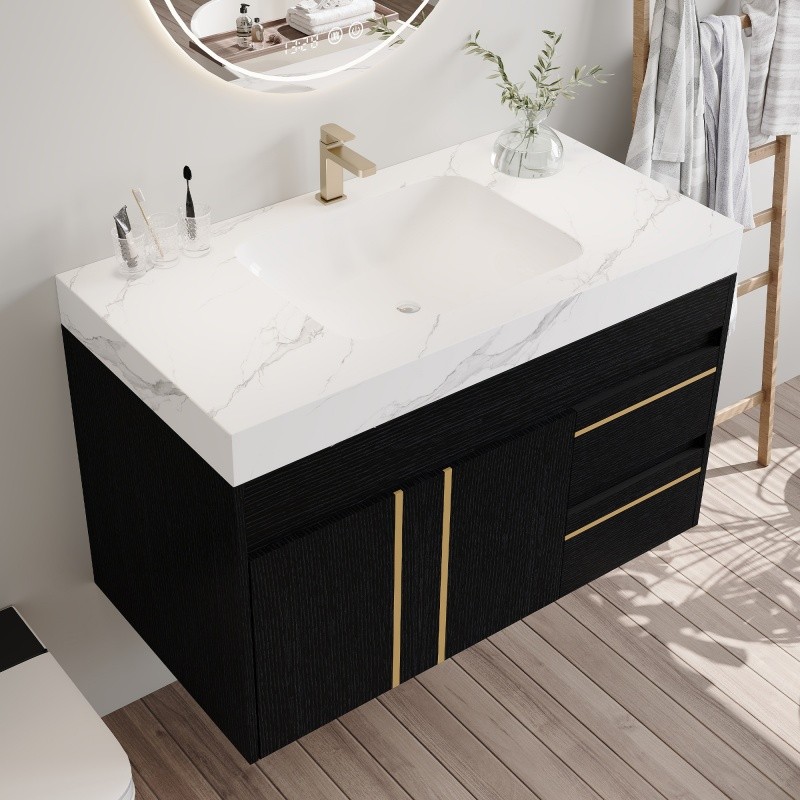 36″ Modern Floating Bathroom Vanity w/Integrated Ceramic Sink & Faux Marble Top