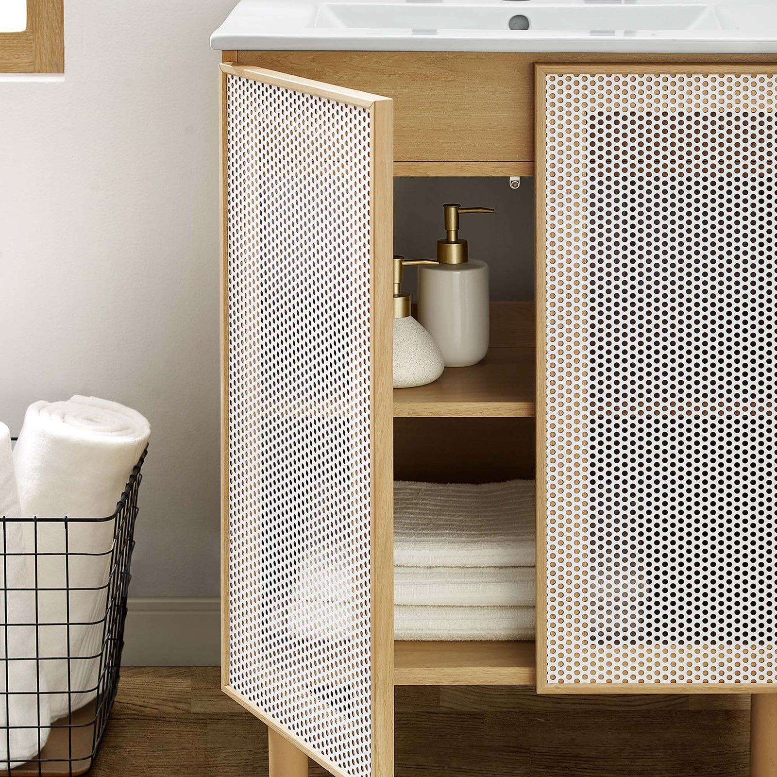 Calla 24″ Perforated Metal Bathroom Vanity in White Oak