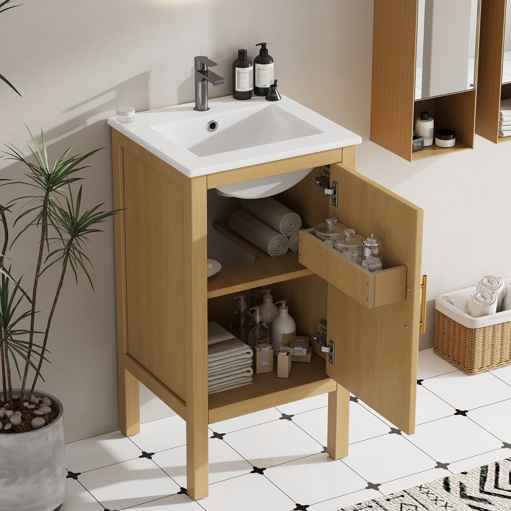 18″ Bathroom Cabinet Small Space Solution with Ceramic Sink Soft-Closing Hinges