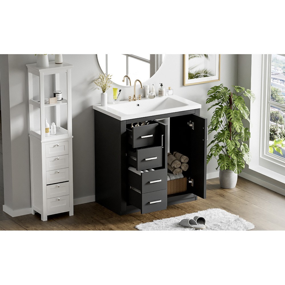 Solid Wood Bathroom Vanity w/ Ceramic Sink, 3 Drawers & Soft-Close Doors