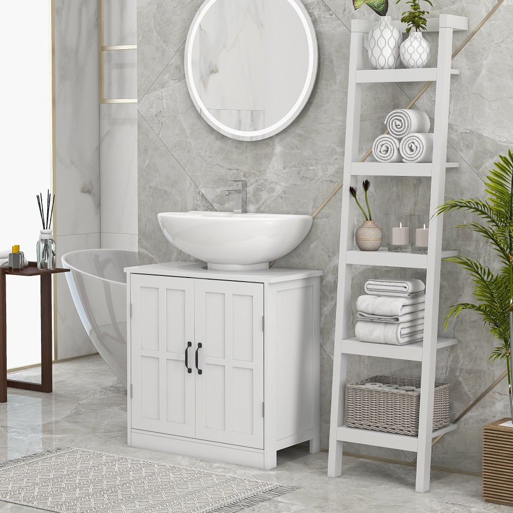 Pedestal Bathroom Storage Cabinet White Adjustable Shelf Under Sink Organizer