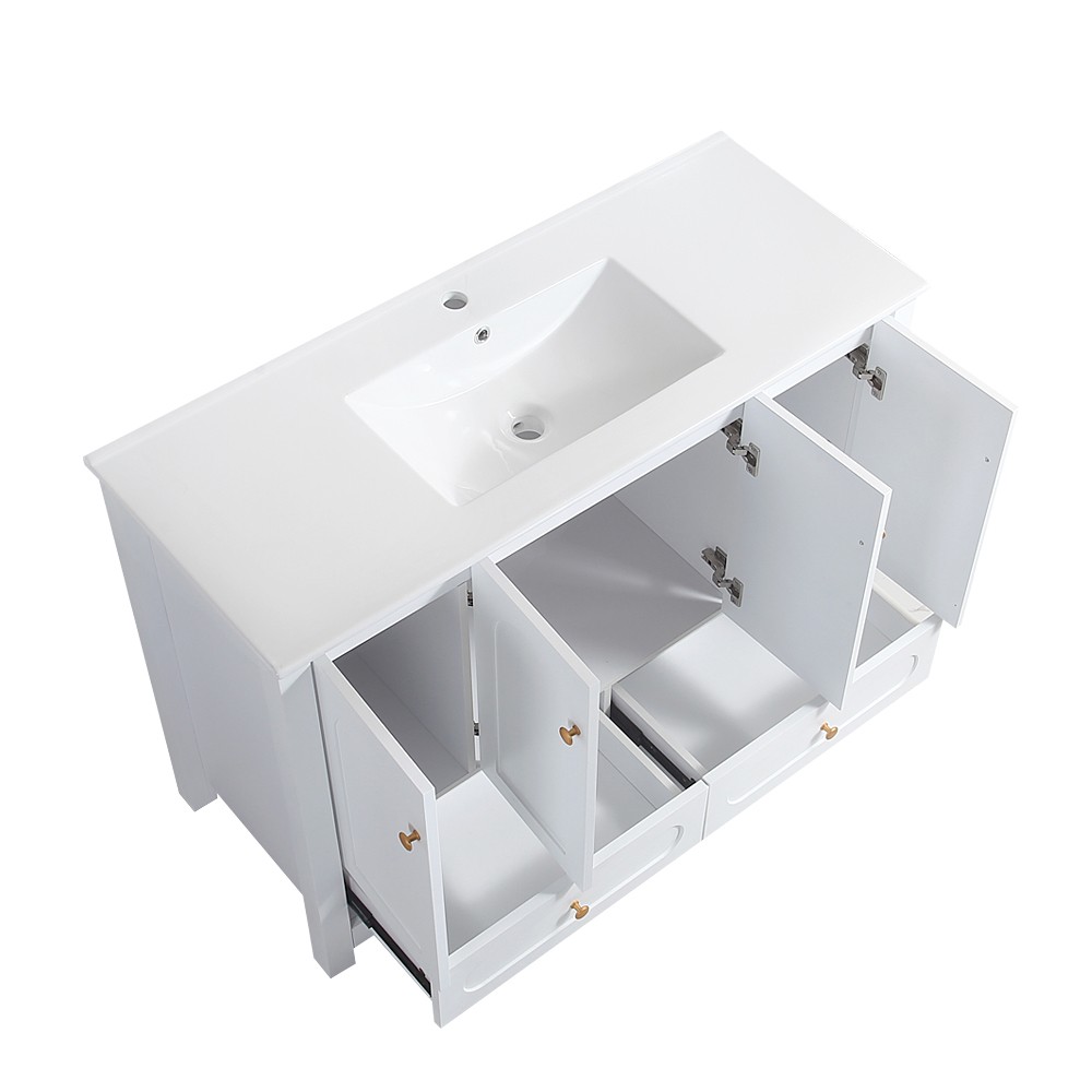 48 Inch White Bathroom Vanity with Resin Sink, 4 Doors 2 Drawers