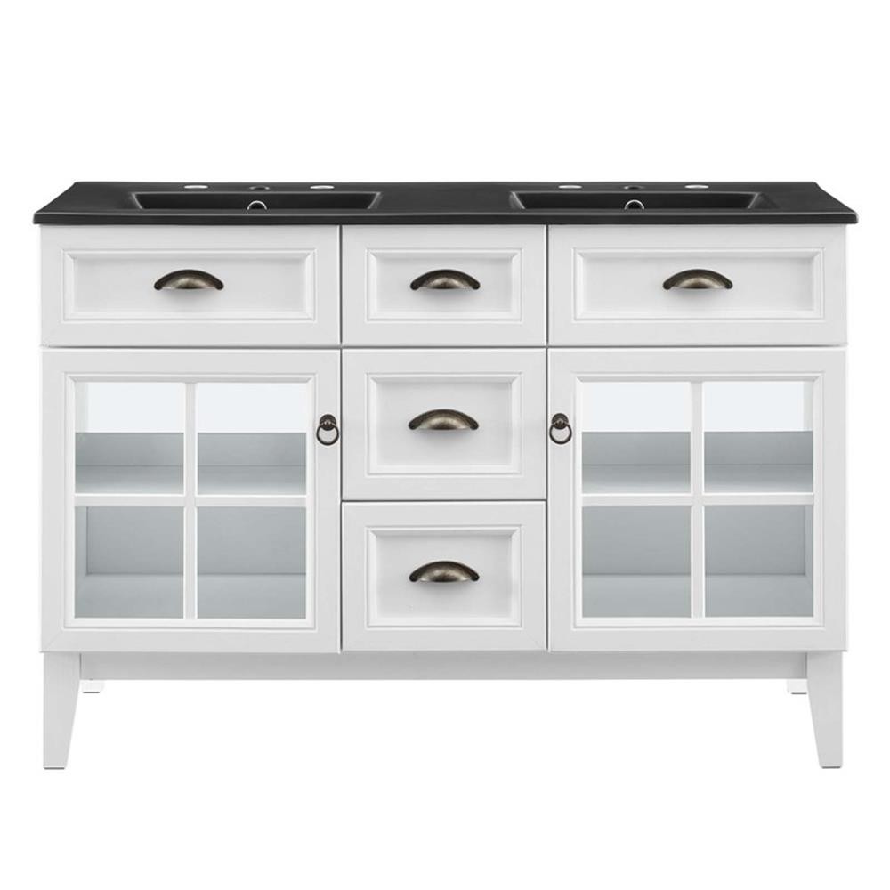 Modway Isle 48″ Wood/Ceramic Double Bathroom Vanity Cabinet in White/Black