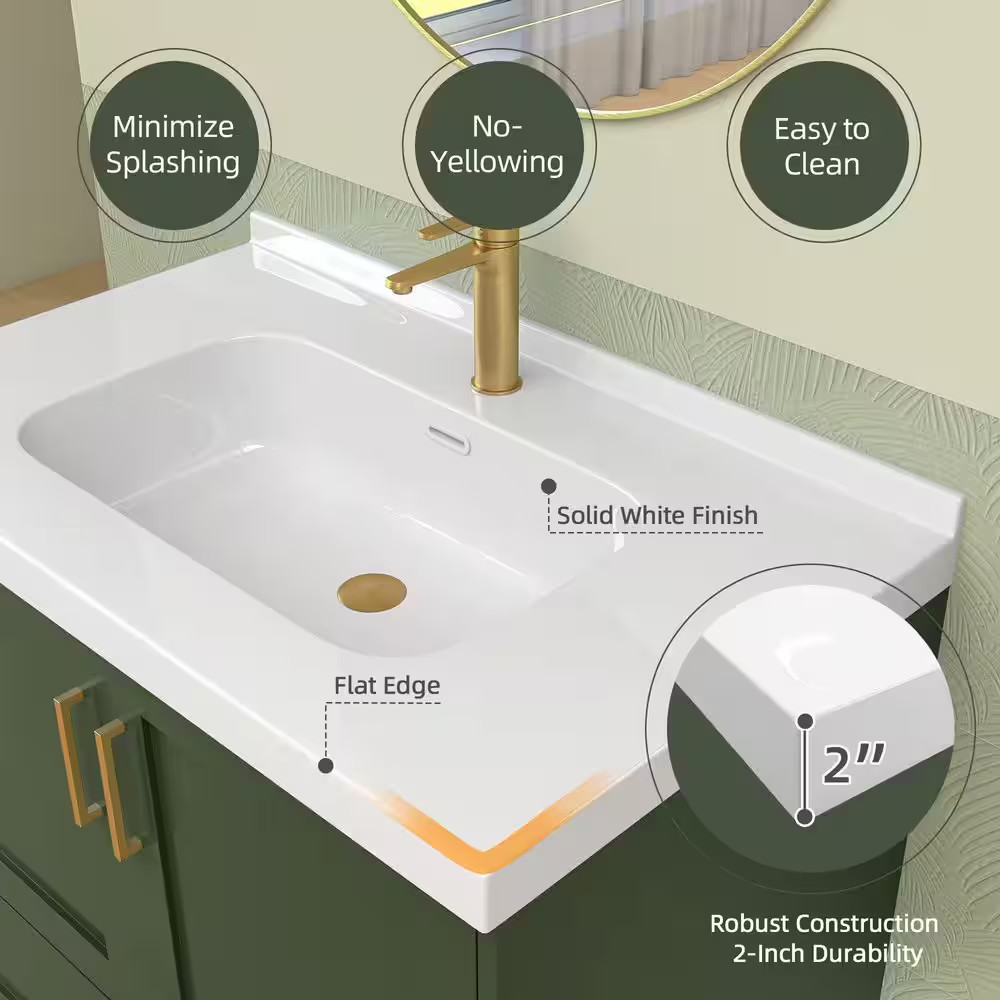 36 In. W X 22 In. D Solid Surface White Rectangular Single Sink Bath Vanity Top