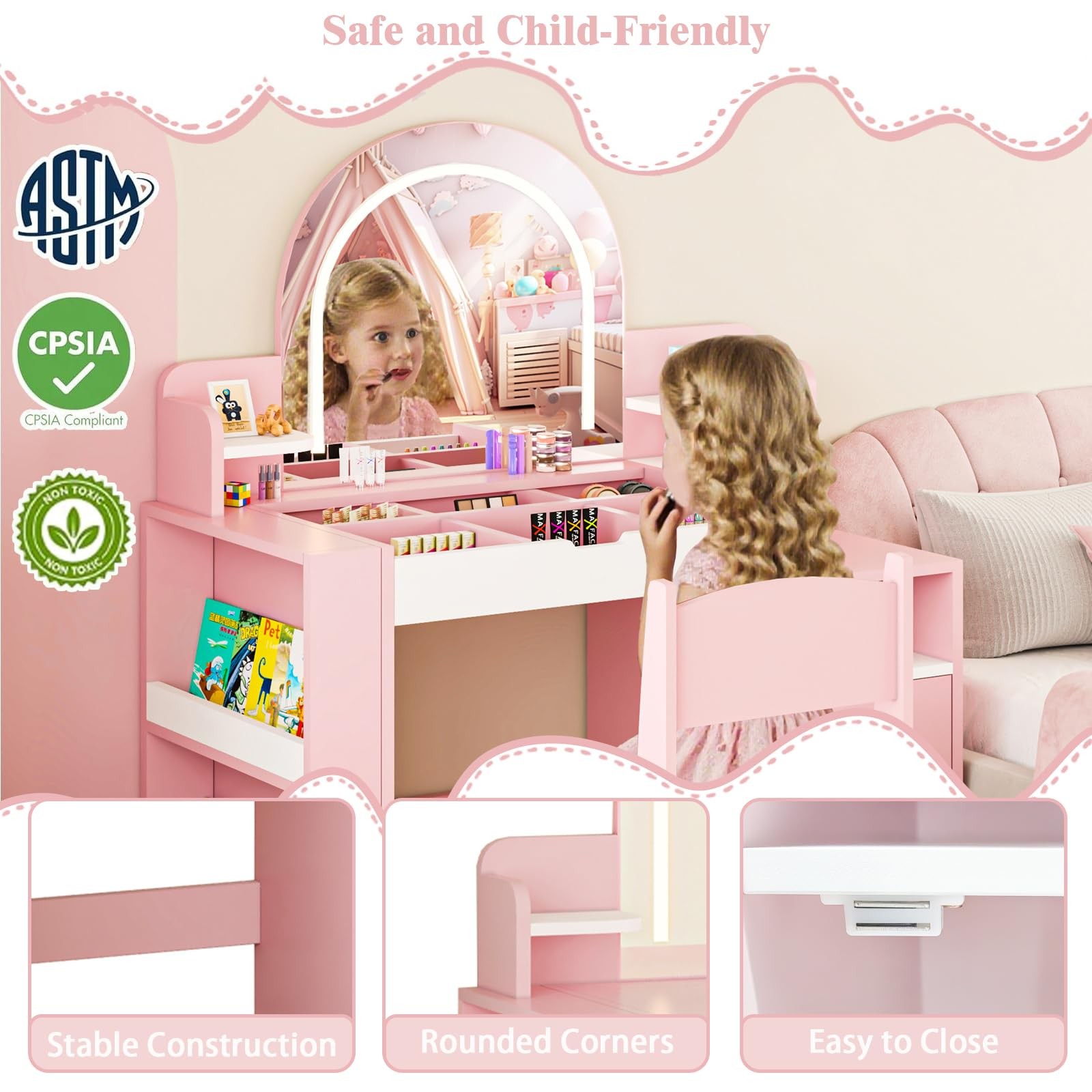 Kids Vanity Table Set Lighted Mirror Stool Jewelry Storage Makeup Pink