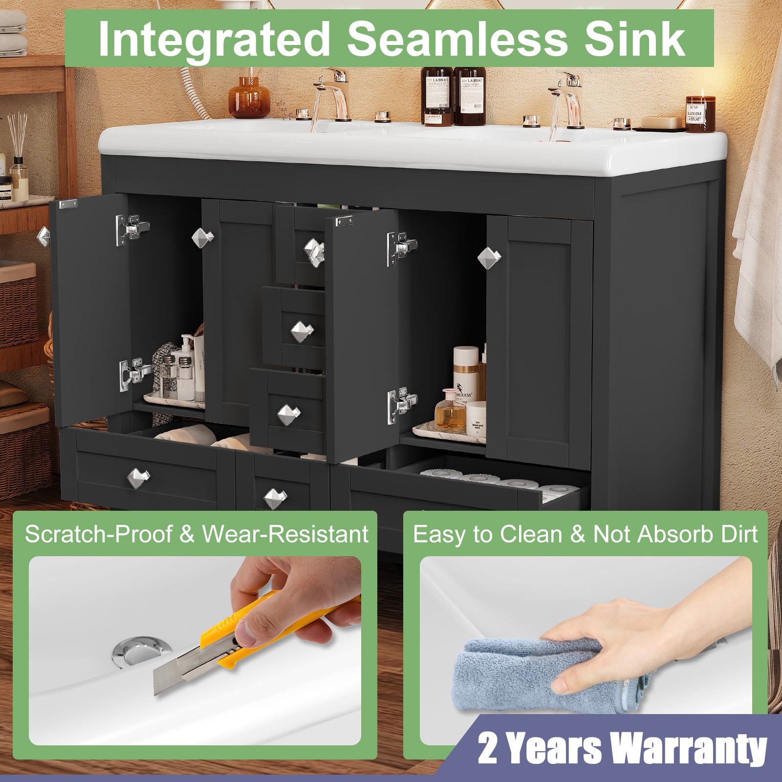Bathroom Vanity Freestanding Double Basin Ceramic Sink Vanity Cabinet Drawers