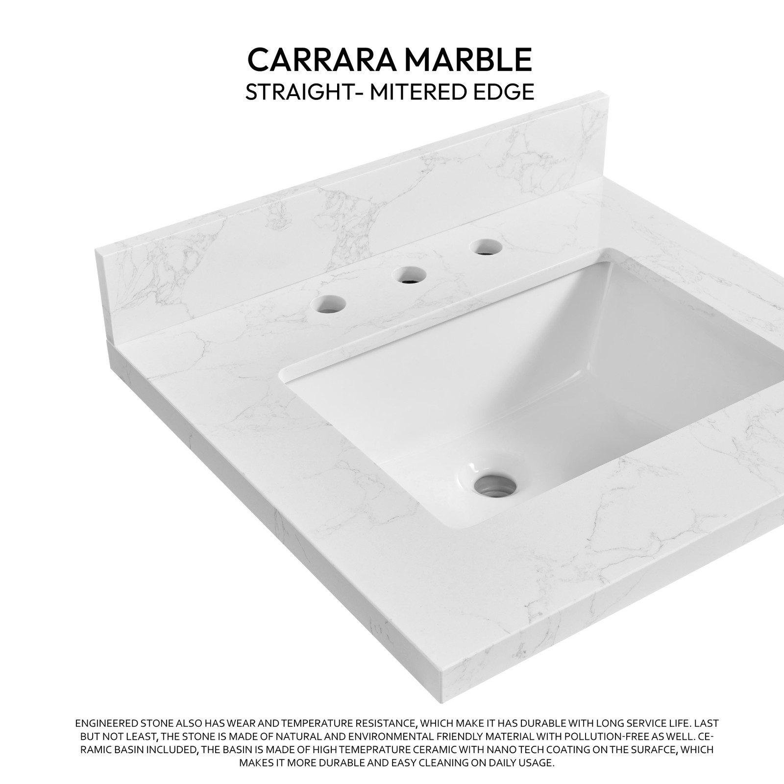 Jaen 25″W x 22″D Composite Stone Vanity Top in Grain White with Ceramic Sink