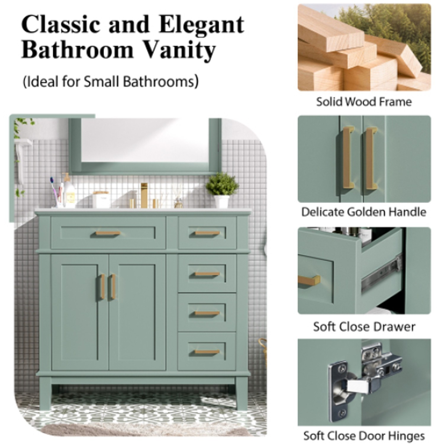 36”W Modern Bathroom Vanity Light Green Vanity For Bathroom With Three Drawers