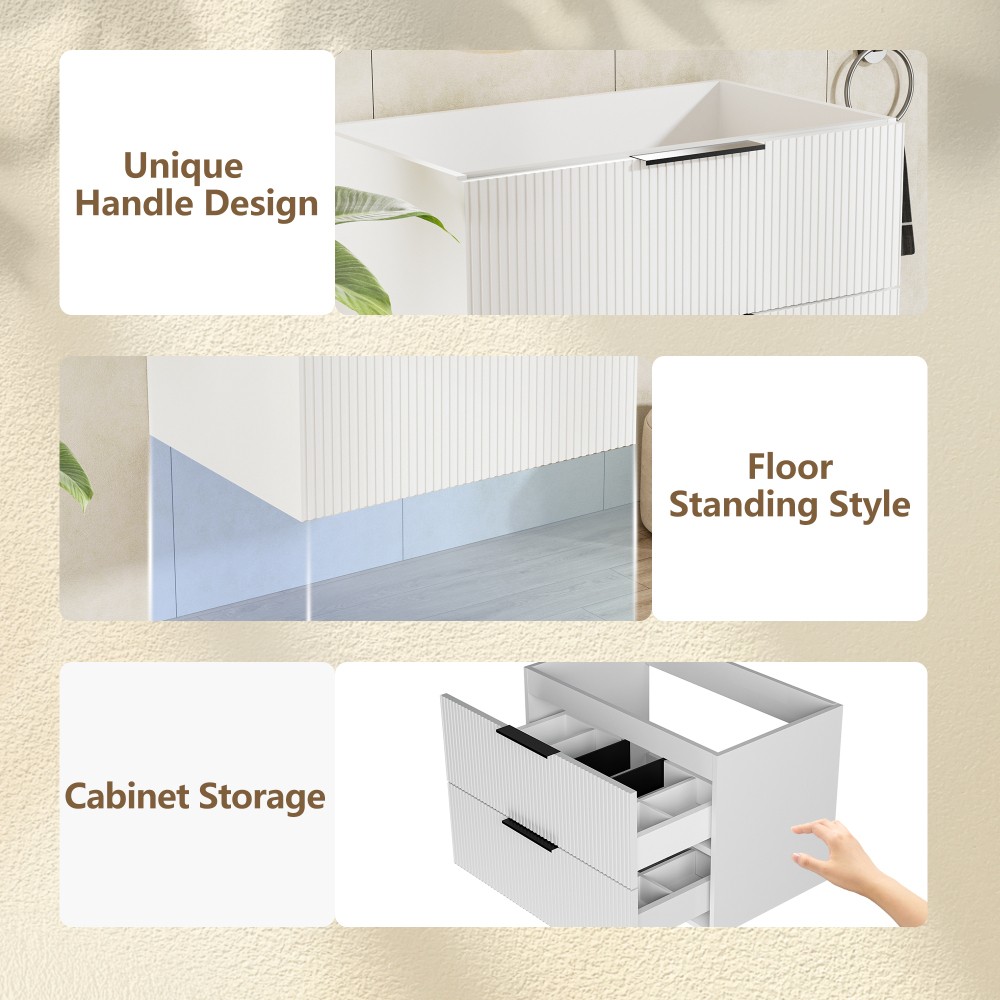 30″ Bathroom Vanity with Ceramic Sink, White Wall Mounted Fluted Cabinet