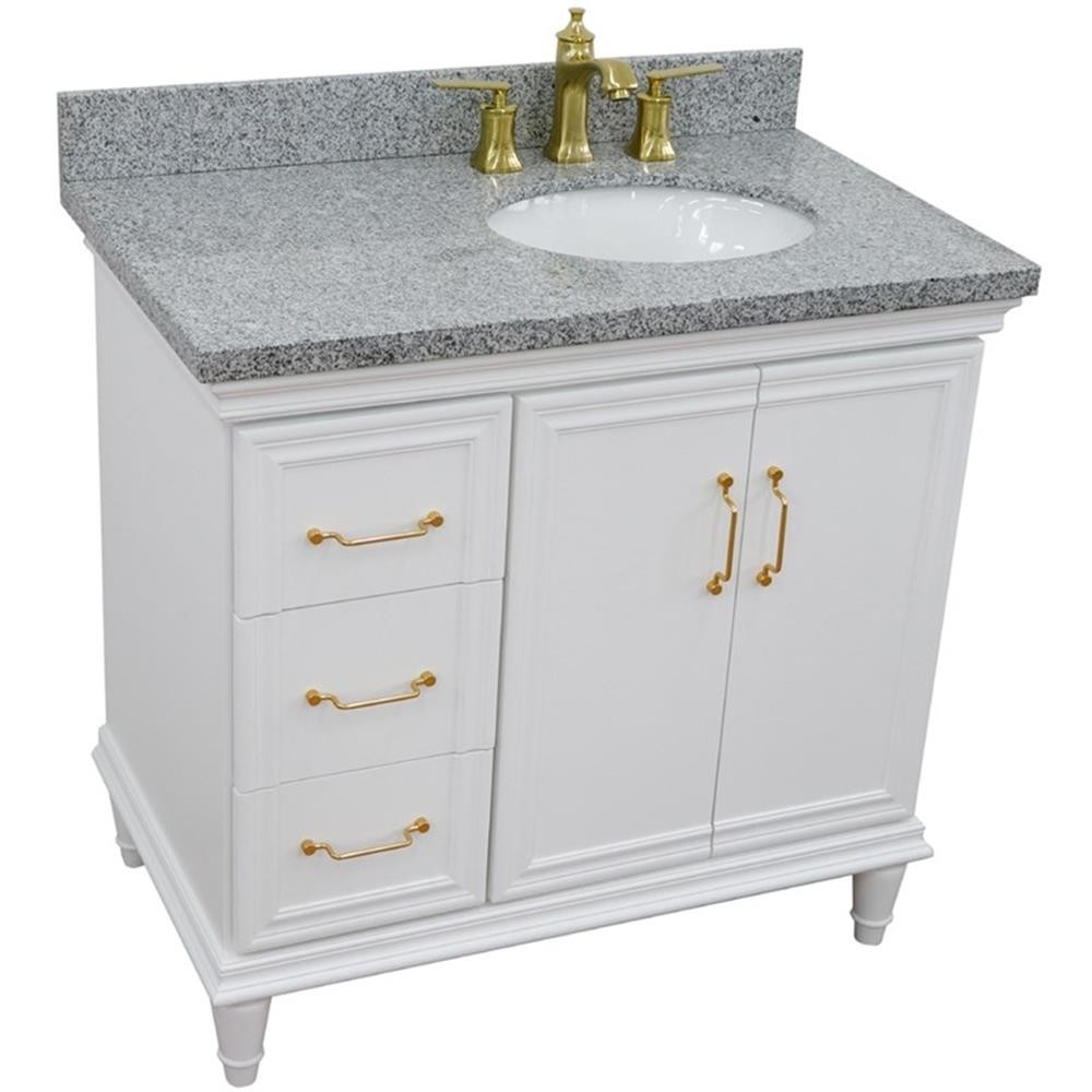 Pemberly Row 37″ Single Wood Vanity White Gray Granite Oval Right Door & Sink