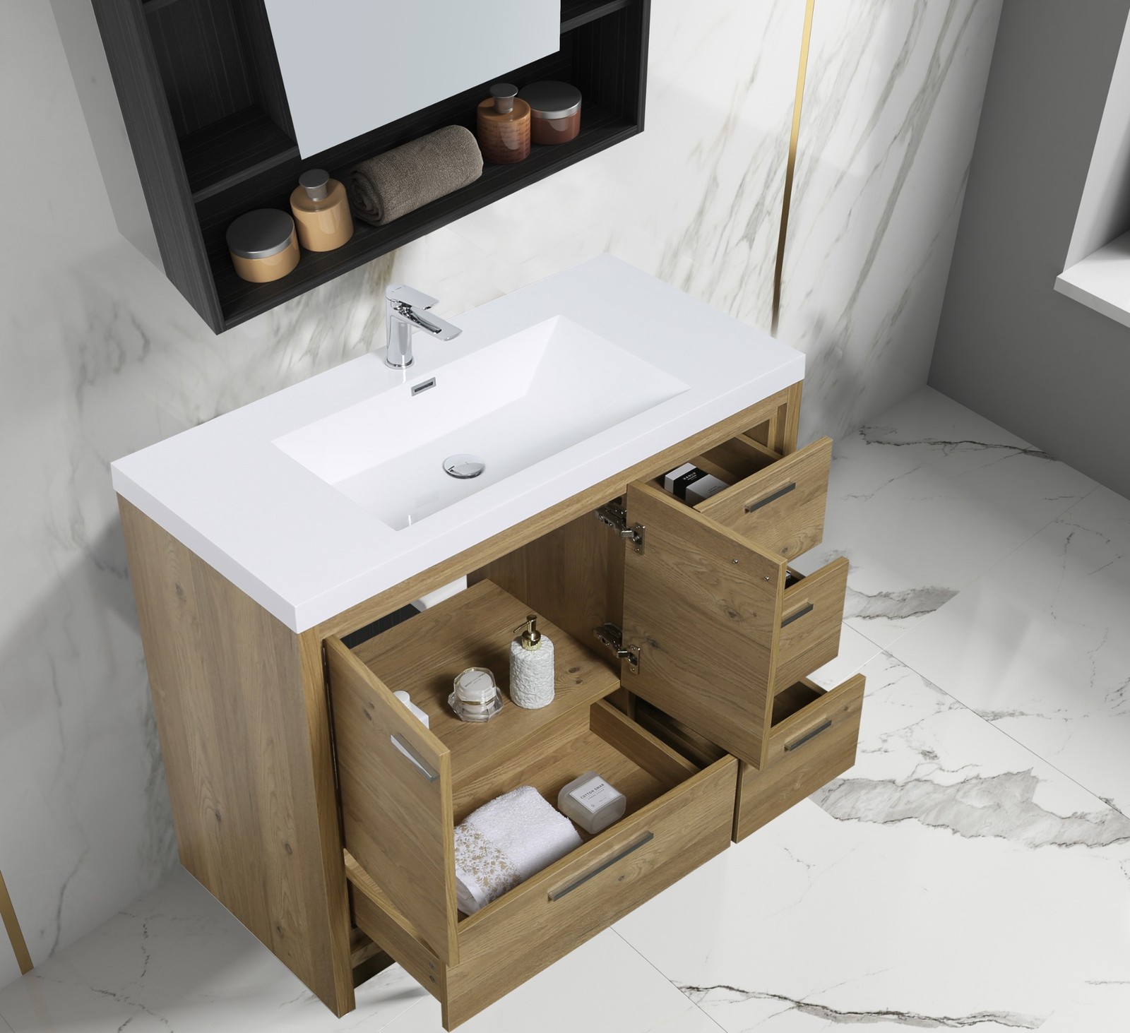 Alma Allier 42″ Natural Wood Finish With Integrated Sink / Right Side Drawers