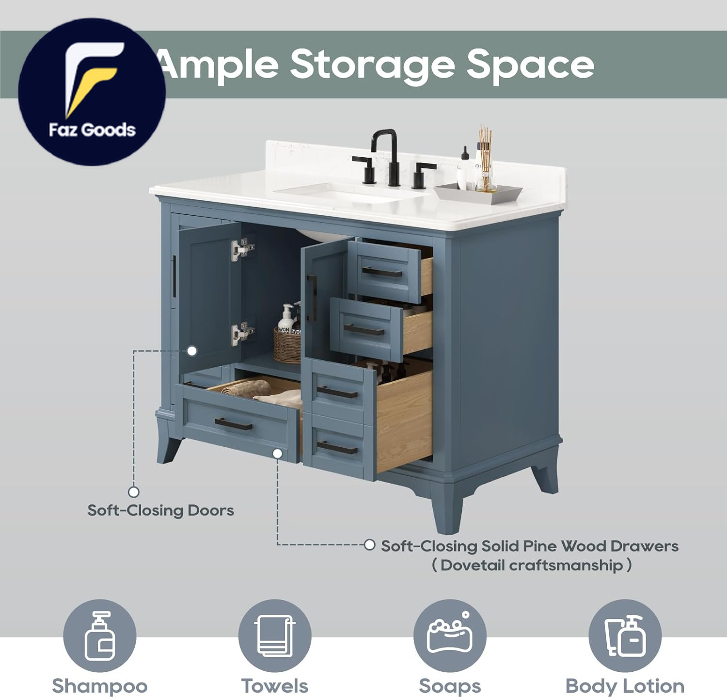48 Inch Bathroom Vanity with Sink Modern Steel Blue Bathroom Vanities with Soft