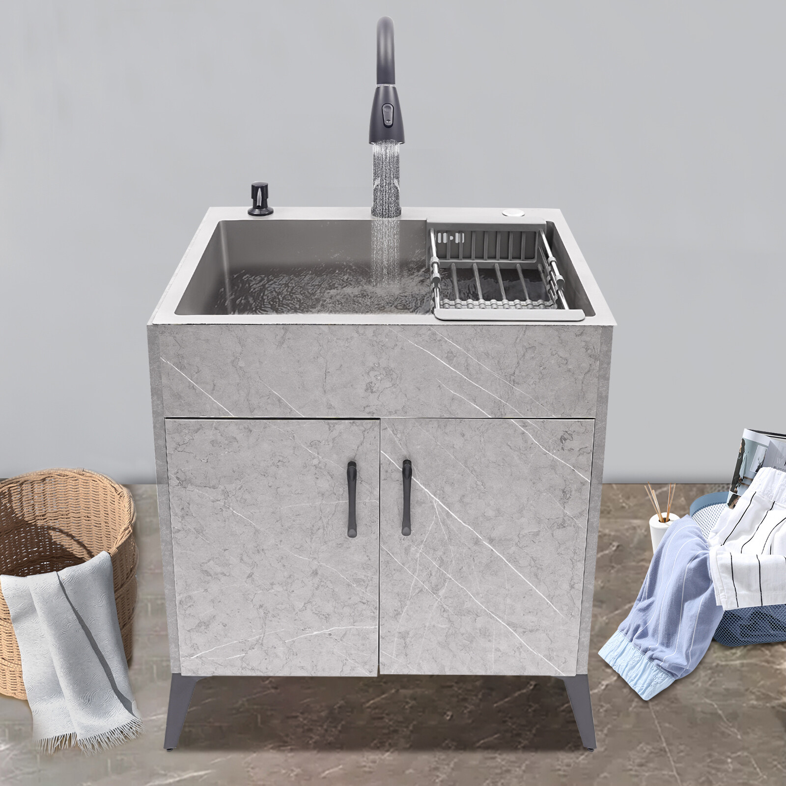 Modern Bathroom Vanity Free Standing Kitchen Cabinet Sink w/ Pull-out Faucet