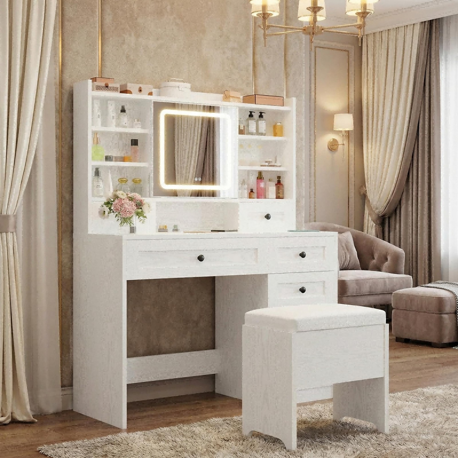Vanity Desk LED Mirror 5 Drawers Cabinet Shelves Power Outlet Stool White