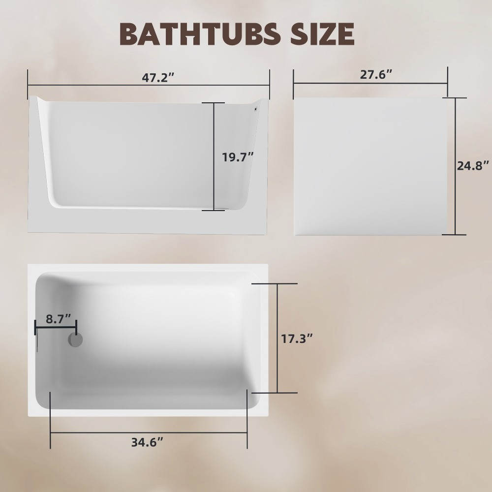 47″ Acrylic Freestanding Soaking Bathtub Gloss White Rectangular Modern