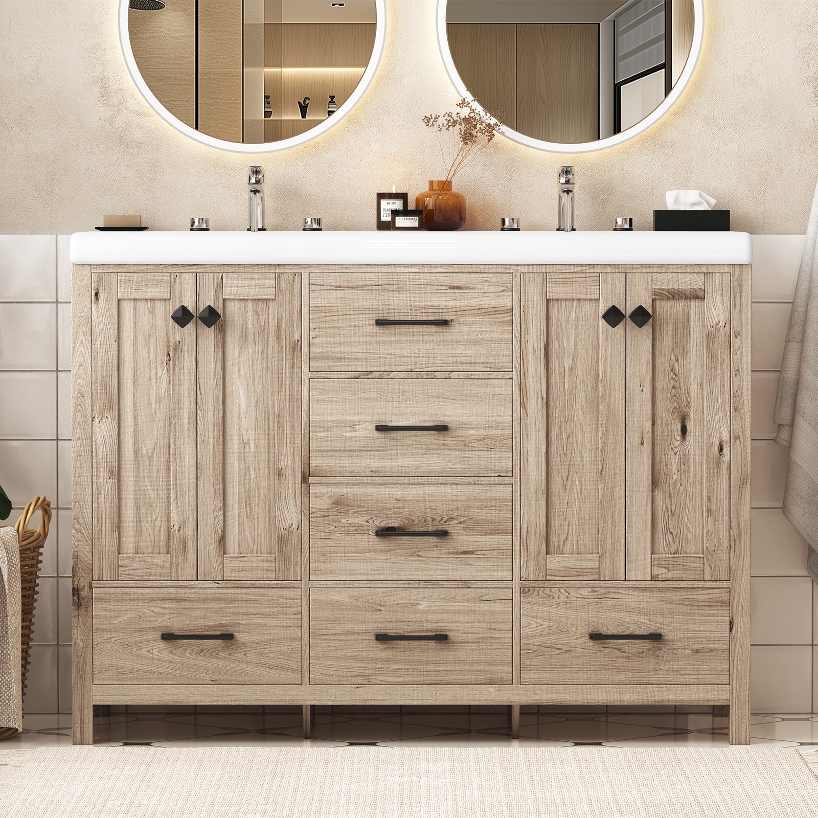 47” Bathroom Vanity w/Ceramic Sink Combo Freestanding Vanity Set with 6 Drawers