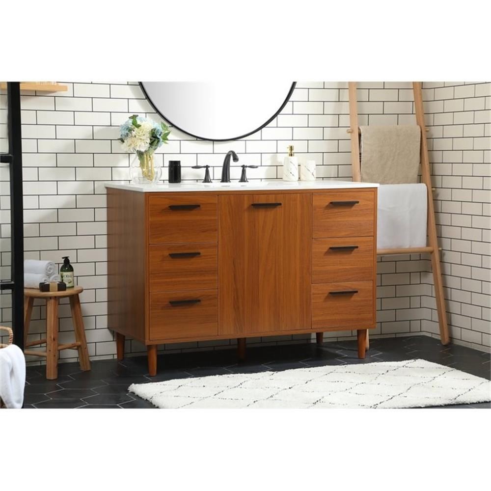 Pemberly Row Modern 48″ Solid Wood and MDF Bathroom Vanity in Teak