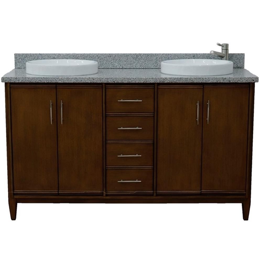 Pemberly Row 61″ Double Round Sink Vanity with Gray Granite Stone in Walnut
