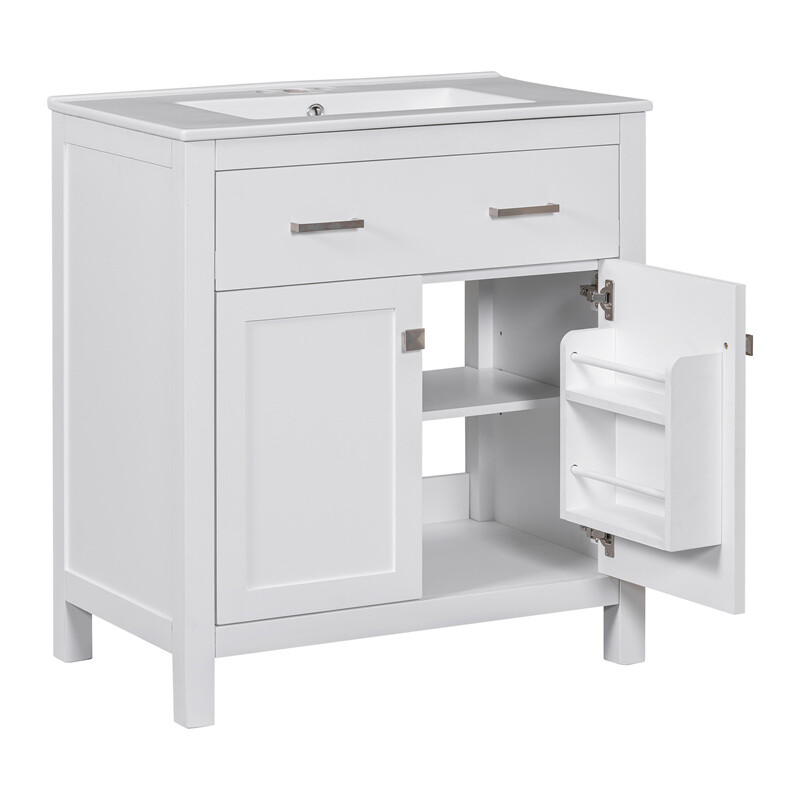 30-inch White Bathroom Vanity w/Ceramic Sink,Soft Close Doors & Flip-out Drawer