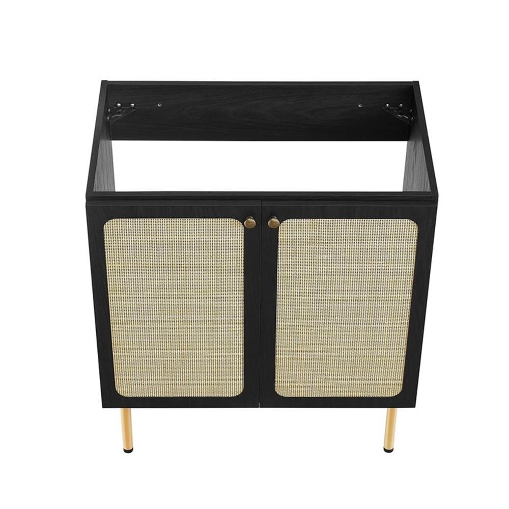 Pemberly Row 30″ Wood & Rattan Bathroom Vanity in Black/White