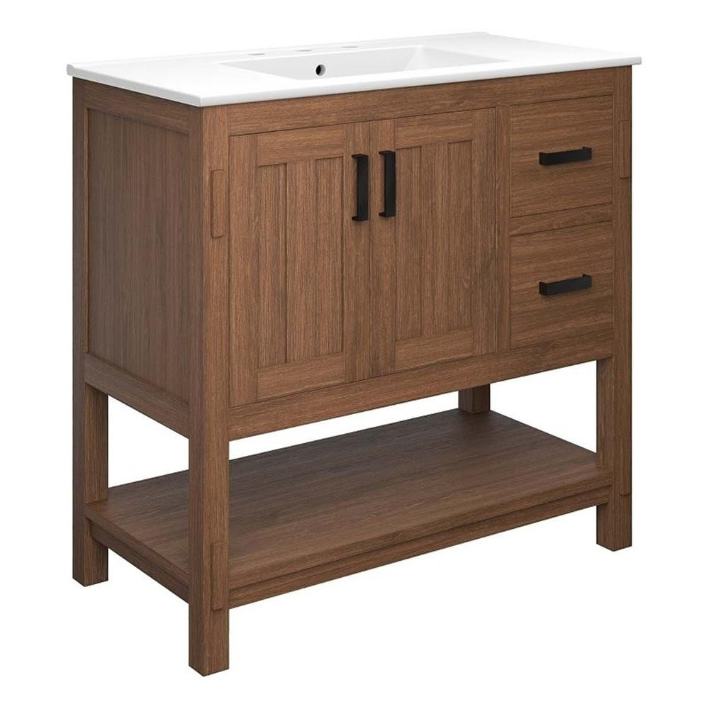 Modway Ashlyn 36″ Wood Bathroom Vanity with Open Shelf in Walnut and White