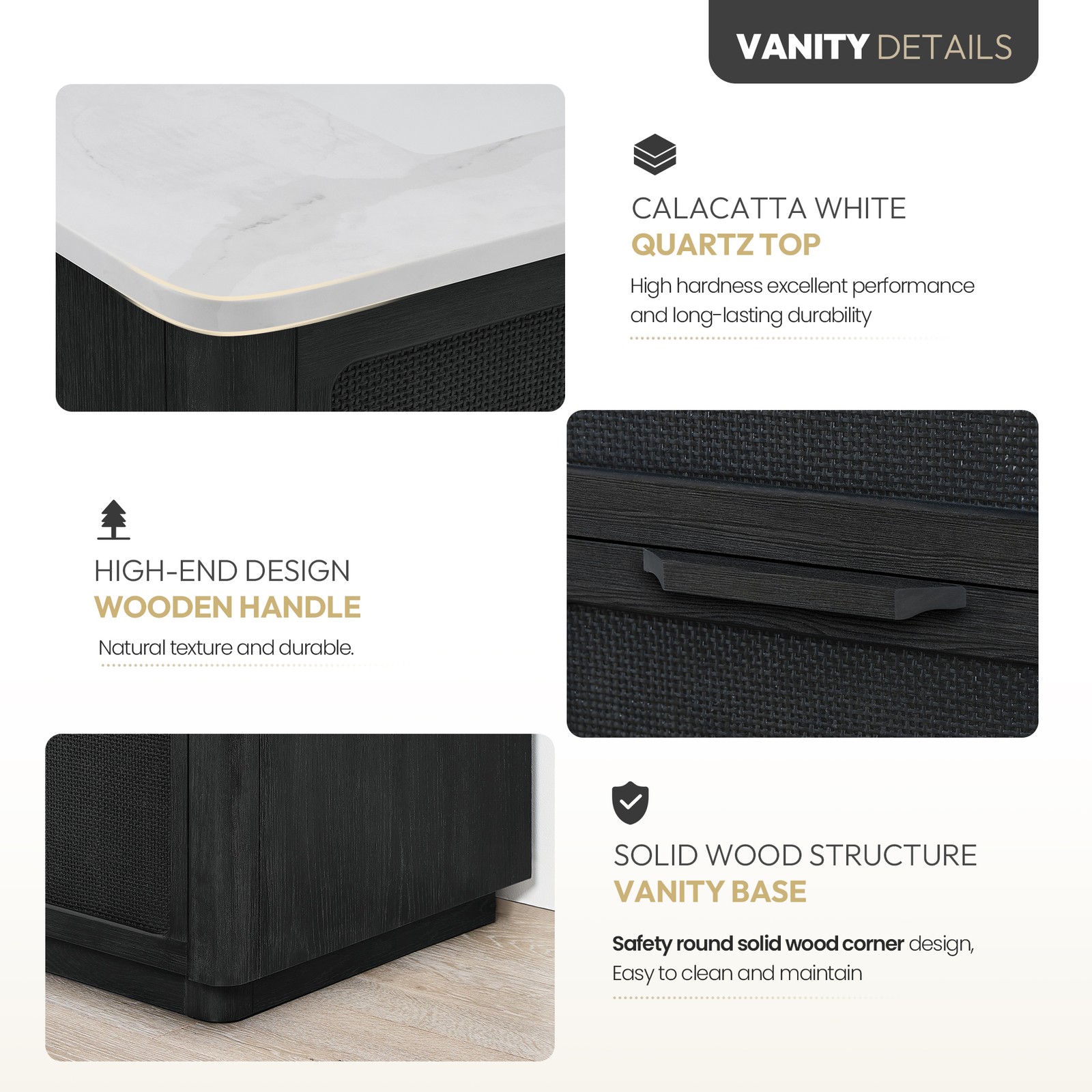 Busan 72″ Double Bath Vanity in Oak Classic Black with White Quartz Stone Top