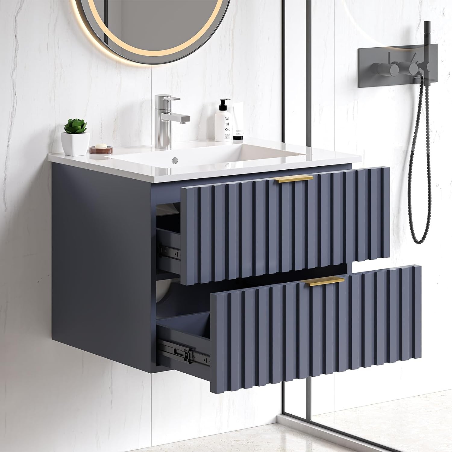 24 Inch Bathroom Vanity with Sink Combo Floating Bathroom Vanity with 2 Fluted