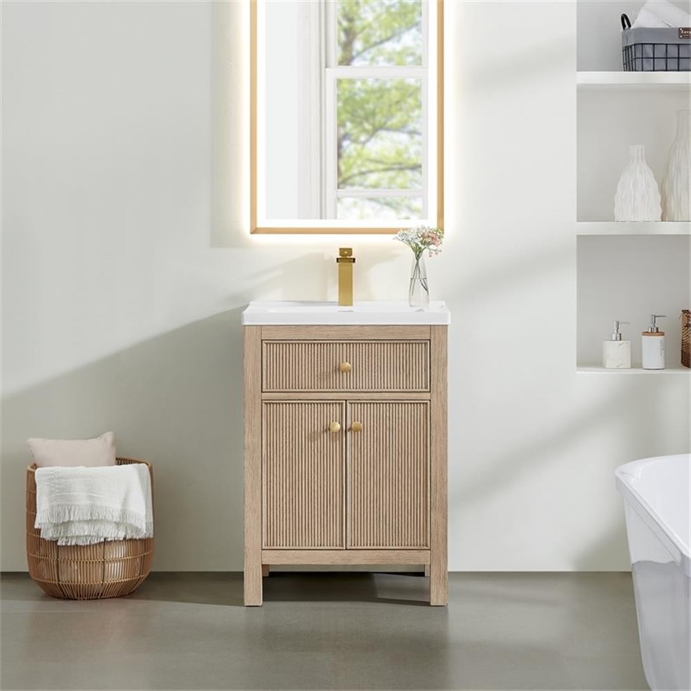 Pemberly Row 24″ Wood Vanity in Natural Oak Ceramic Integrated Sink no Mirror
