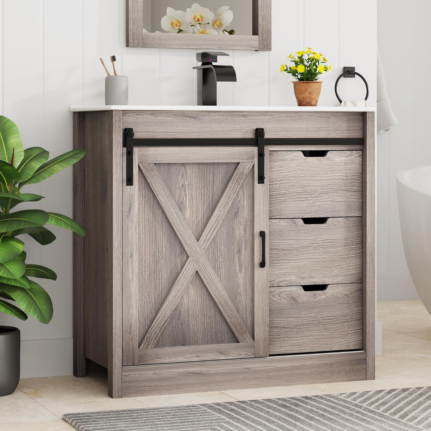 36 Inch Bathroom Vanity with Sink & Faucet & Mirror, Farmhouse Bathroom Vanity C