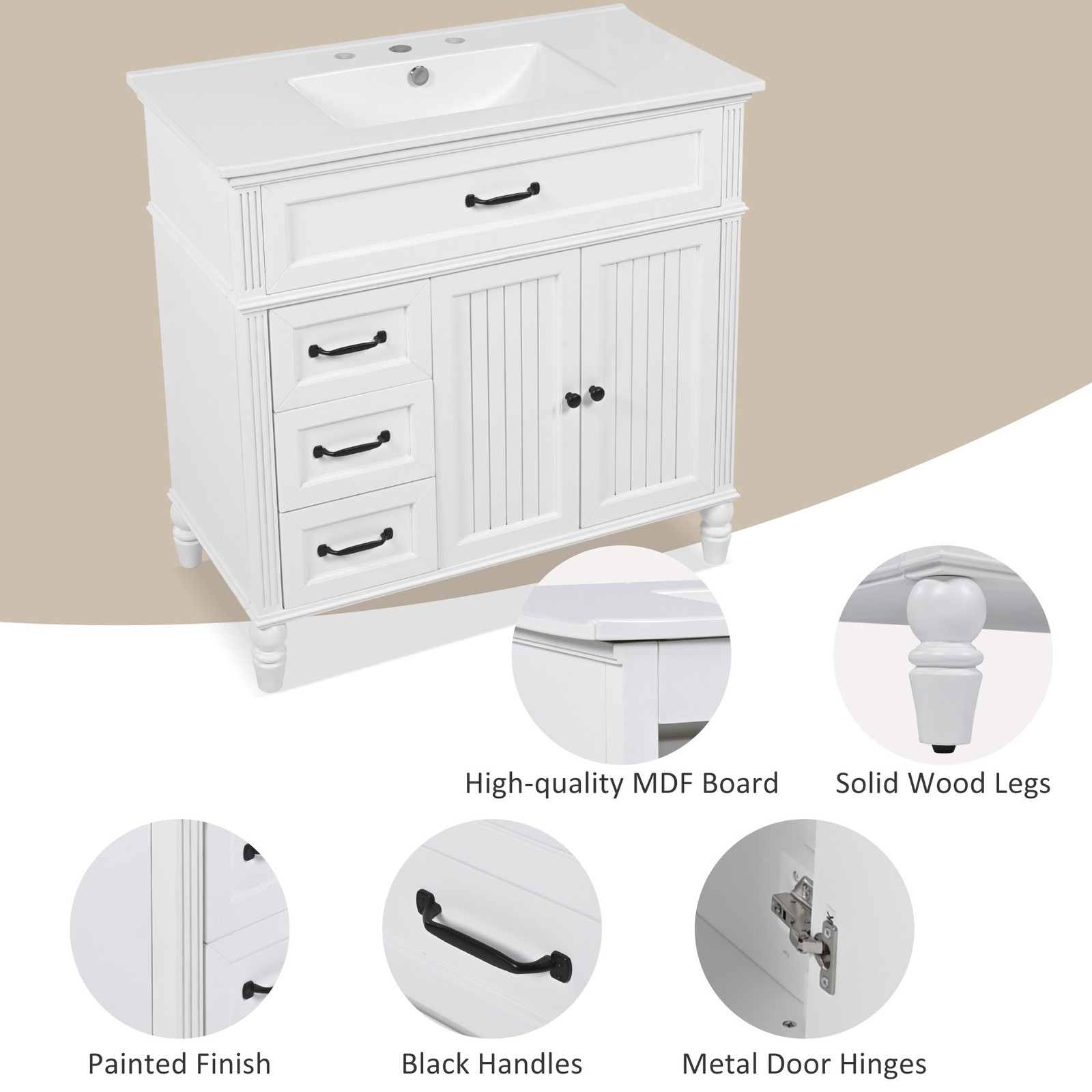 36″ Bathroom Vanity w/Ceramic Sink, Storage Cabinet w/Soft-Close Doors & Drawers