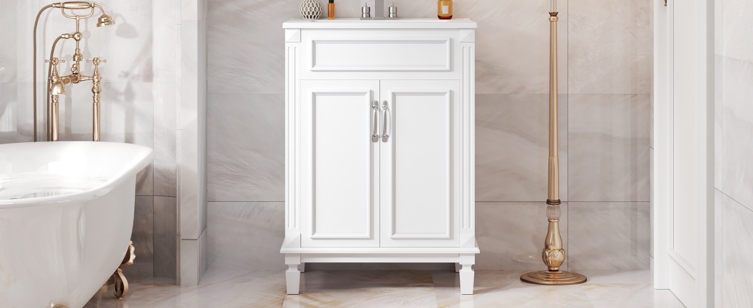 24 inch White Modern Bathroom Vanity with Sink, 2 Soft-Close Doors