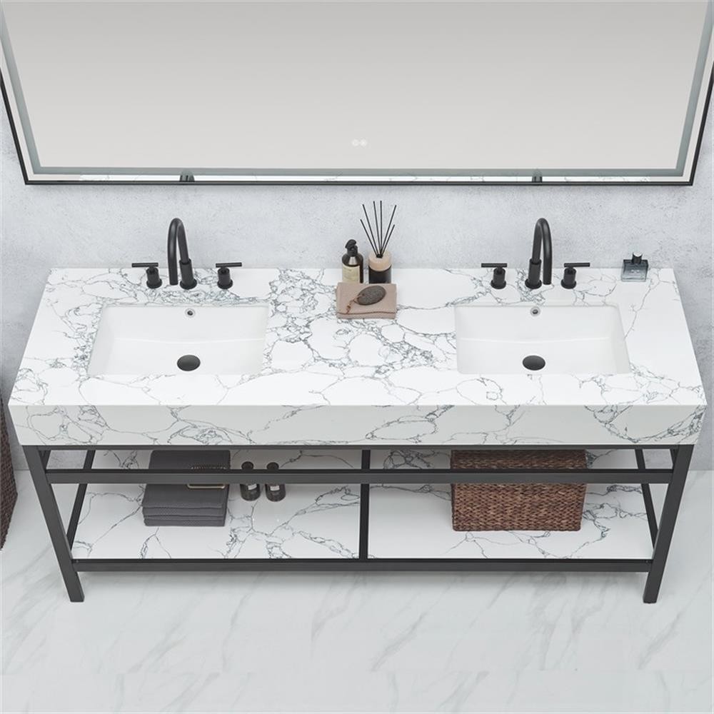 Ecija 72″ Matte Black Metal Vanity with Pandora White Composite Top and Mirror