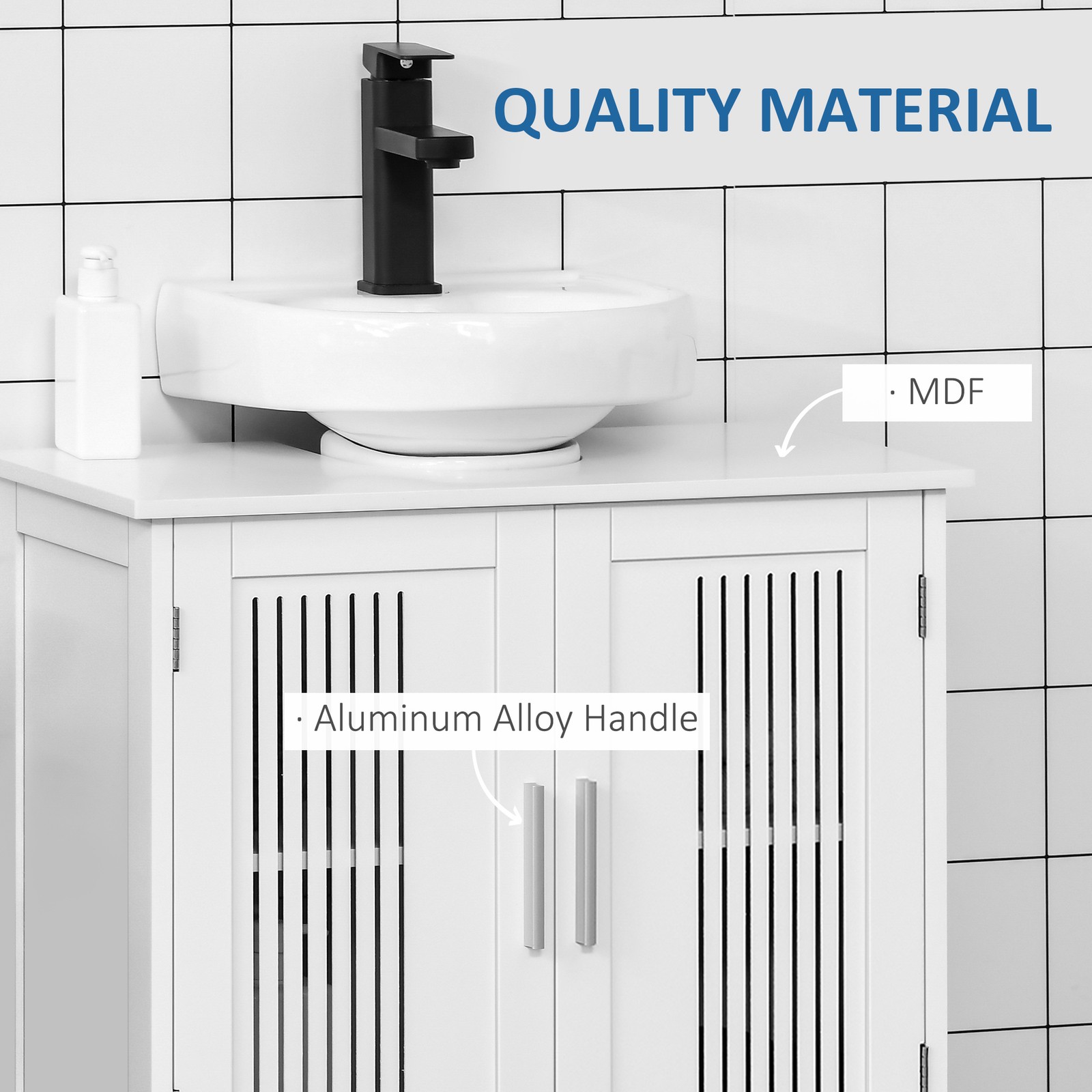 Modern sink cabinet under the sink, 2 doors, adjustable rack, white, MDF + metal